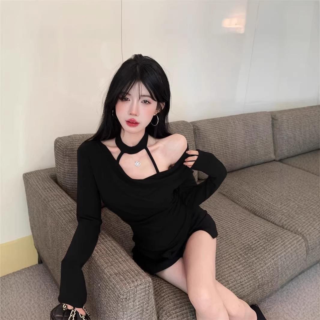 Spicy Girl French Halter Swing Collar Irregular Long Sleeve Slim Fit Top for Early Spring S чёрный