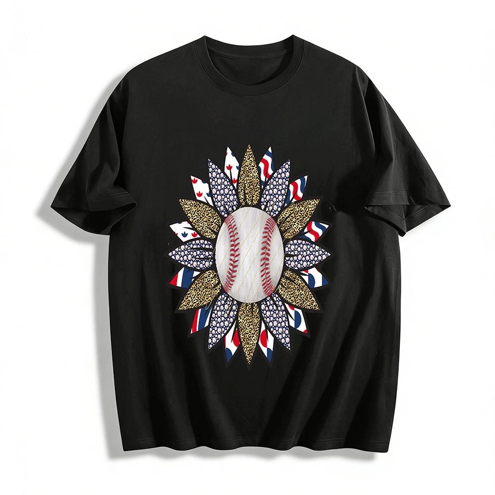 Baseball Leopard Sunflower Print Casual Top Pure cotton T-shirt XXS