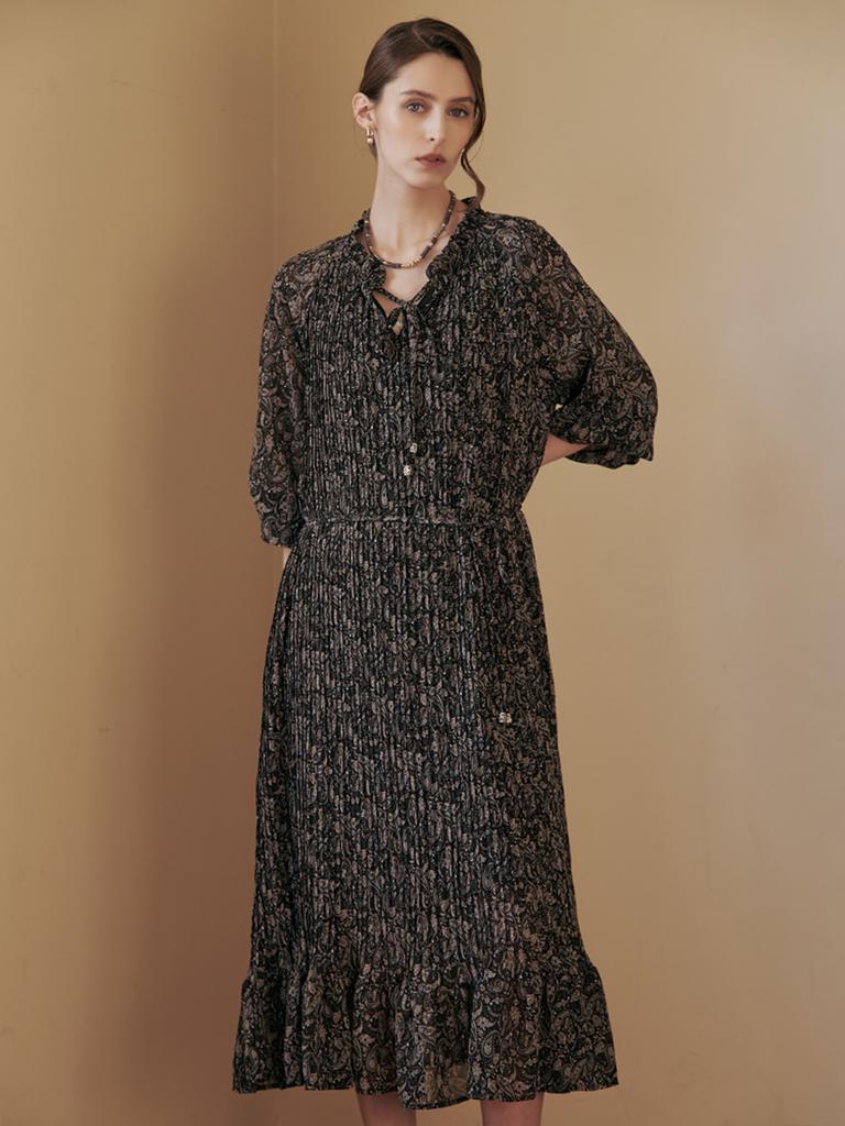 M.GRAF Ethnic Paisley Pleated Chiffon Long Dress