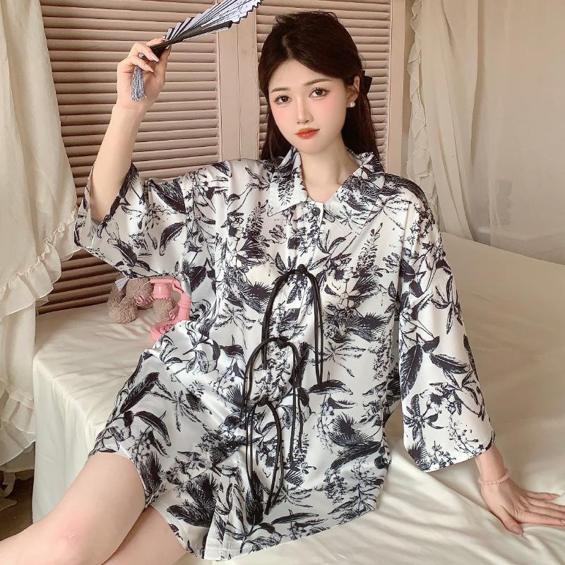 High-End Light Luxury Style New Chinese Buckle Design Pajamas Ink Painting Flowers Ice Silk Short-Sleeved Loungewear M