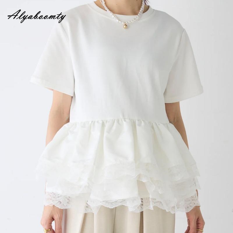 Korean Fashion Sommer Frauen Streetwear Top Kurze O Neck Weiß Schwarz Layered Spitze Rüschen Patchwork T-Shirt Kurzarm Feminine Damen T