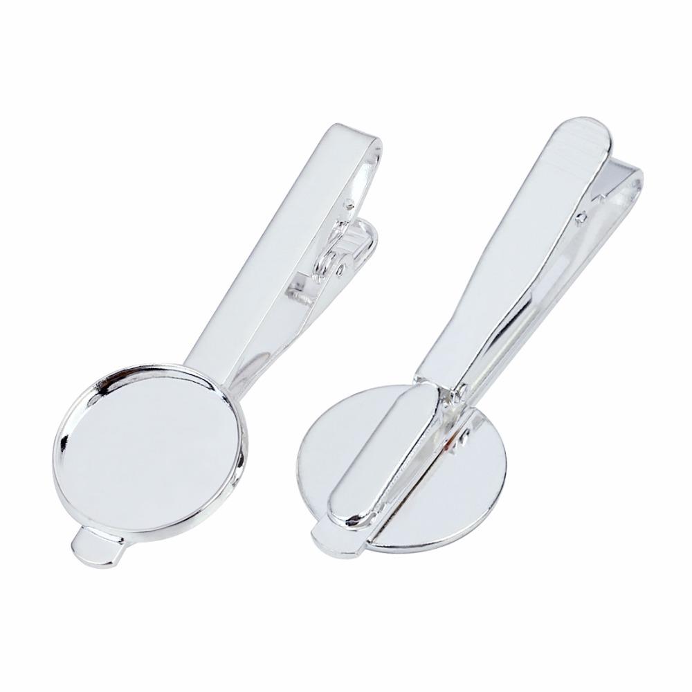 A Pair  Tie Clip Setting Blank Tray Bezel Bases 16mm 18mm 20mm Fit Round Cabochons Cameo Base Silver Color DIY Making Findings
