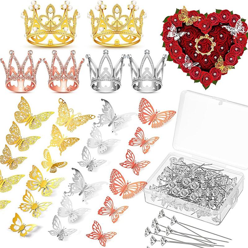 M-Modern-166 Pcs Crown Decor For Flower Bouquet With 6 Crown Cake Topper 100 Corsage Pins 60 Butterflies