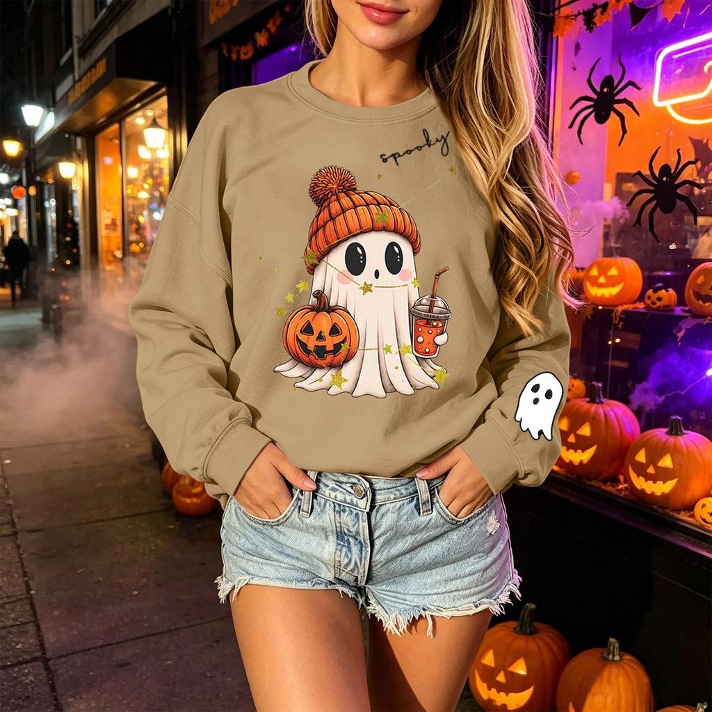 Unisex Lightweight Long Sleeve Neck Pullover Sweatshirt with Halloween Print