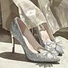 Silver High Heels Women's New Crystal Sequins Bridal Wedding Shoes Bow Rhinestone Single Shoes Temperament