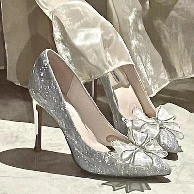 Silver High Heels Women's New Crystal Sequins Bridal Wedding Shoes Bow Rhinestone Single Shoes Temperament