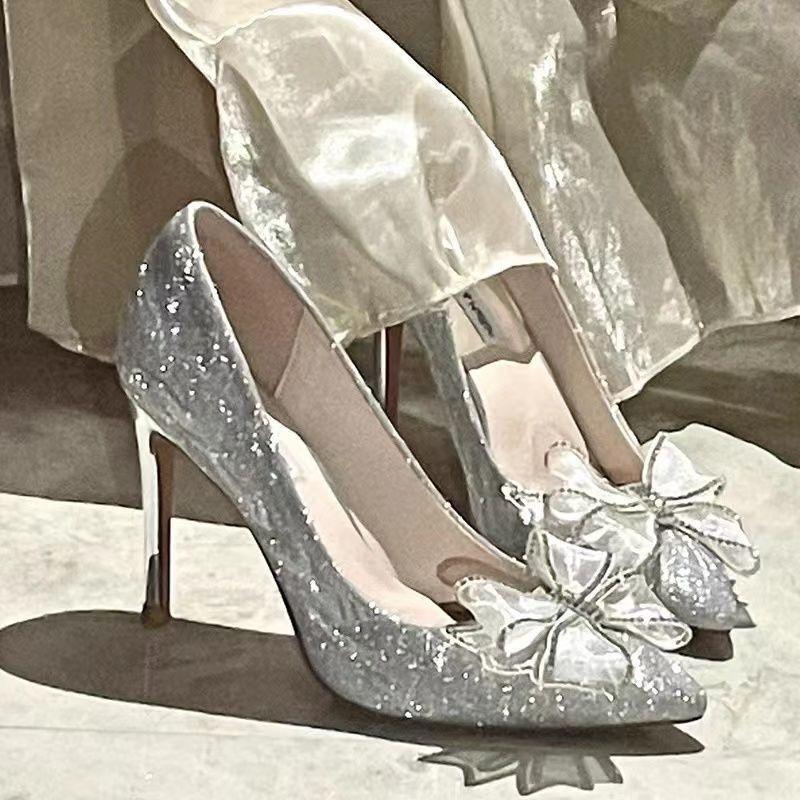 High heels women's new silver wedding shoes rhinestone sequined bow stiletto 18-year-old adult gift shoes