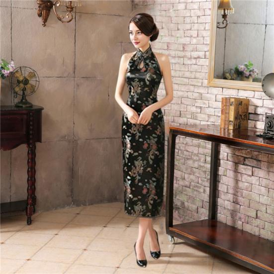 Ženy Léto Cheongsam Stojánek s límečkem Potisk na rameni Dělený lem bez zad s vyhloubeným lemem Bez rukávů Qipao Slim Fit Retro společenské šaty v čínském stylu