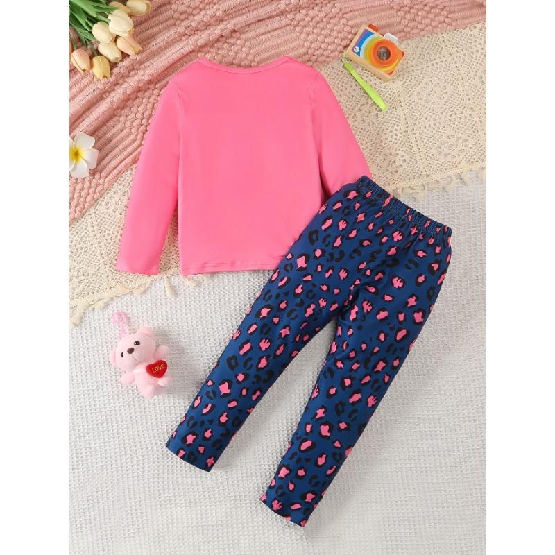 Long-Sleeve And Long-Pants Outfit for Girls | Cute Cat Design T-Shirt And Leopard Print Pants | Soft And Comfortable Set Suitable for Outdoor Wear