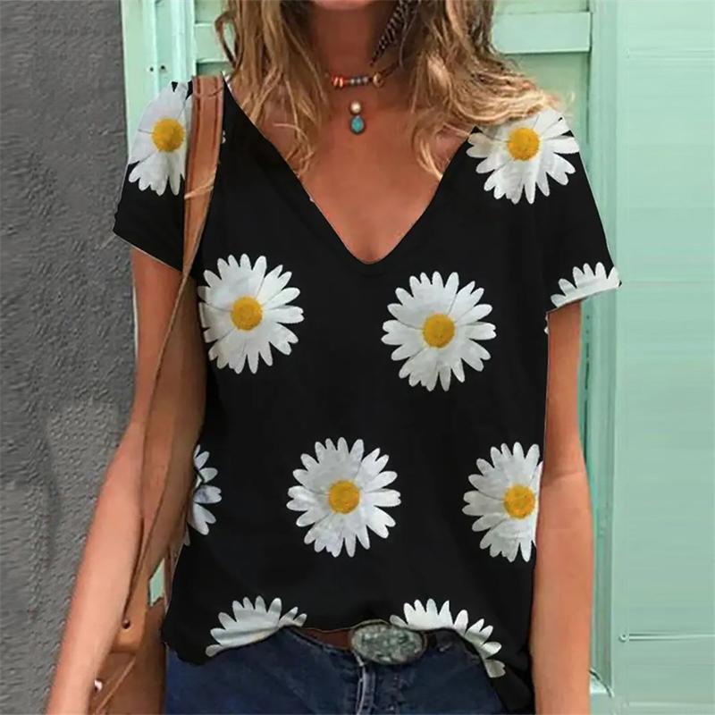 Μόδα Άνοιξη Όμορφα Φλοράλ Μπλουζάκια Κοντομάνικα V-Λαιμόκοψη Καθημερινά