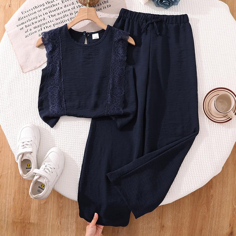 

Girls Casual Outfit - Summer Children s Elegant V-neck Long Pants Set 130cm=8Y тёмно-синий