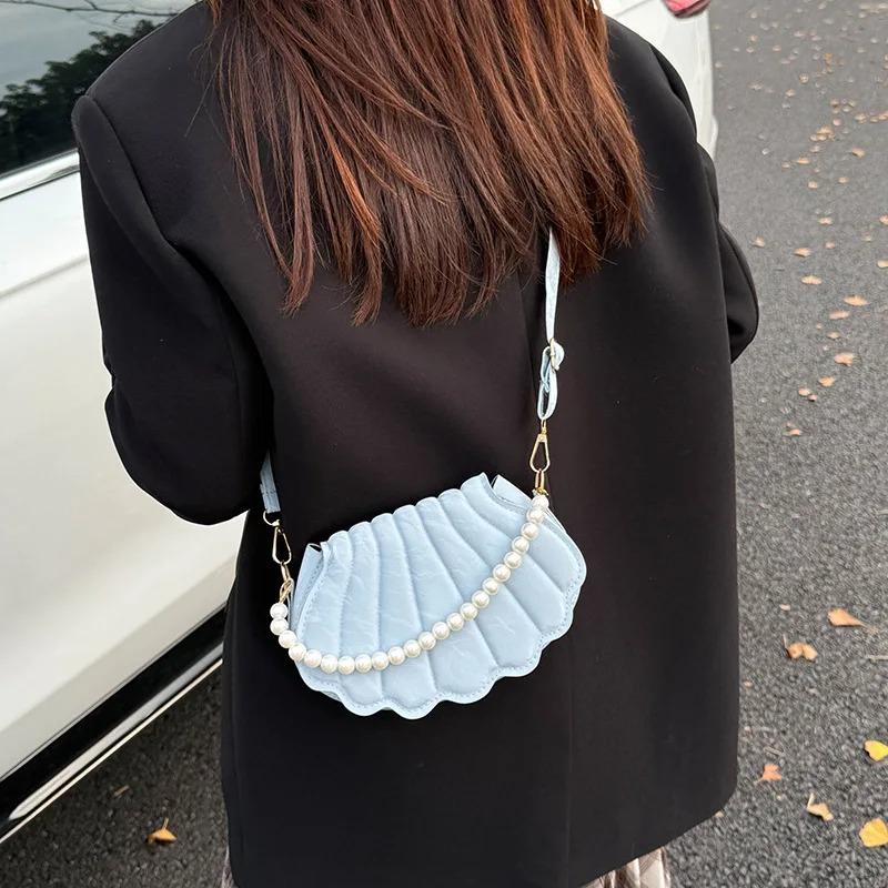 Sweet Simple Flap Shell Shoulder Bags for Women Portable Ladies Crossbody Bag Solid Color Female Pearl Chain Handbags Purse