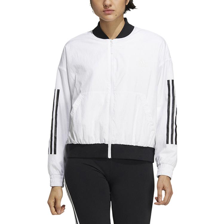 Adidas Solid Stripe Pattern Baseball Collar Jacket Women Outerwear White HM7075