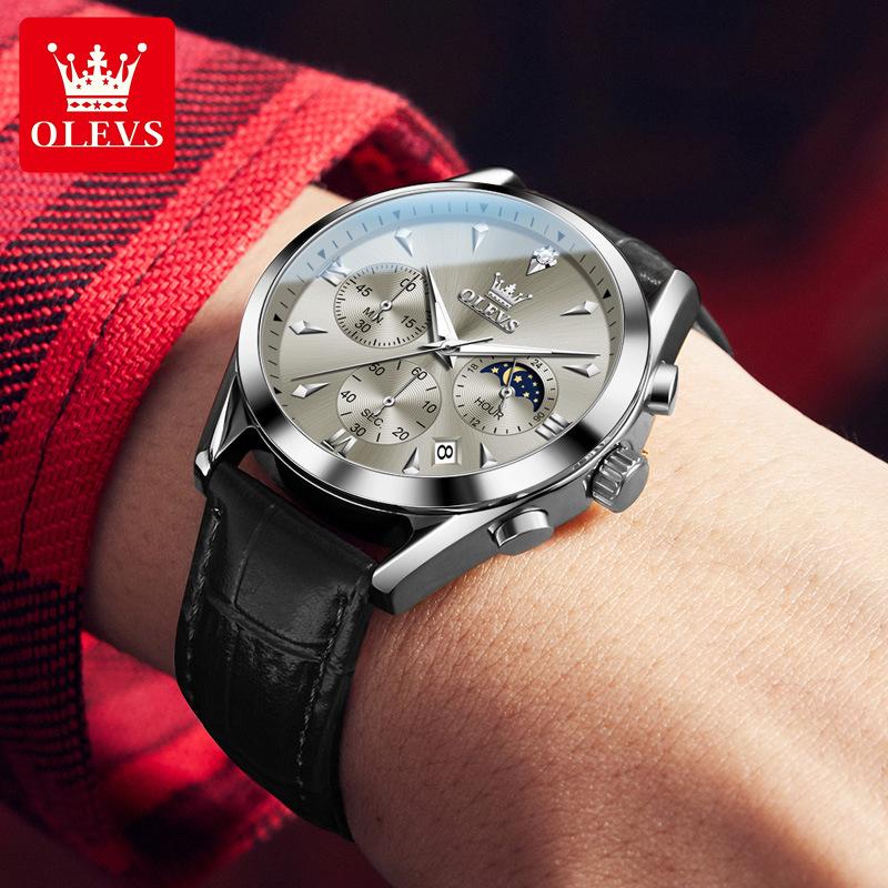 OLEVS Original Moon Phase Chronograph Man Watch Leather Strap Waterproof Luminous Luxury Brand Quartz Wrist Watches for Men