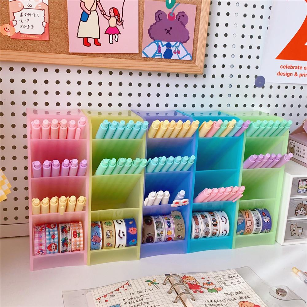 Candy Color 4 Grid Desktop Pen Holder Kawaii Small Big Size Makeup Brushes Lipstick Pens Storage Organizer School Stationery
