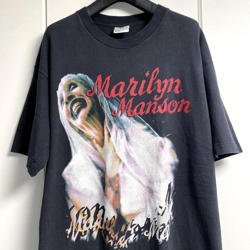 90-е Marilyn Manson рок-группа Черная Унисекс футболка классический стиль Мужчины Женщины S5XL Унисекс Футболка XXXXL