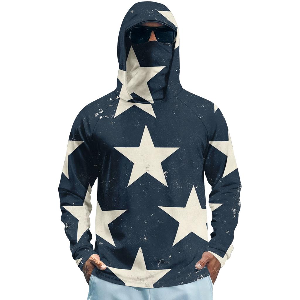 Men's Long Sleeve Quick Dry Hoodie Shirt with Flag Print Lightweight UV Protection Fishing Fitness Sports Top for Outdoor Activities