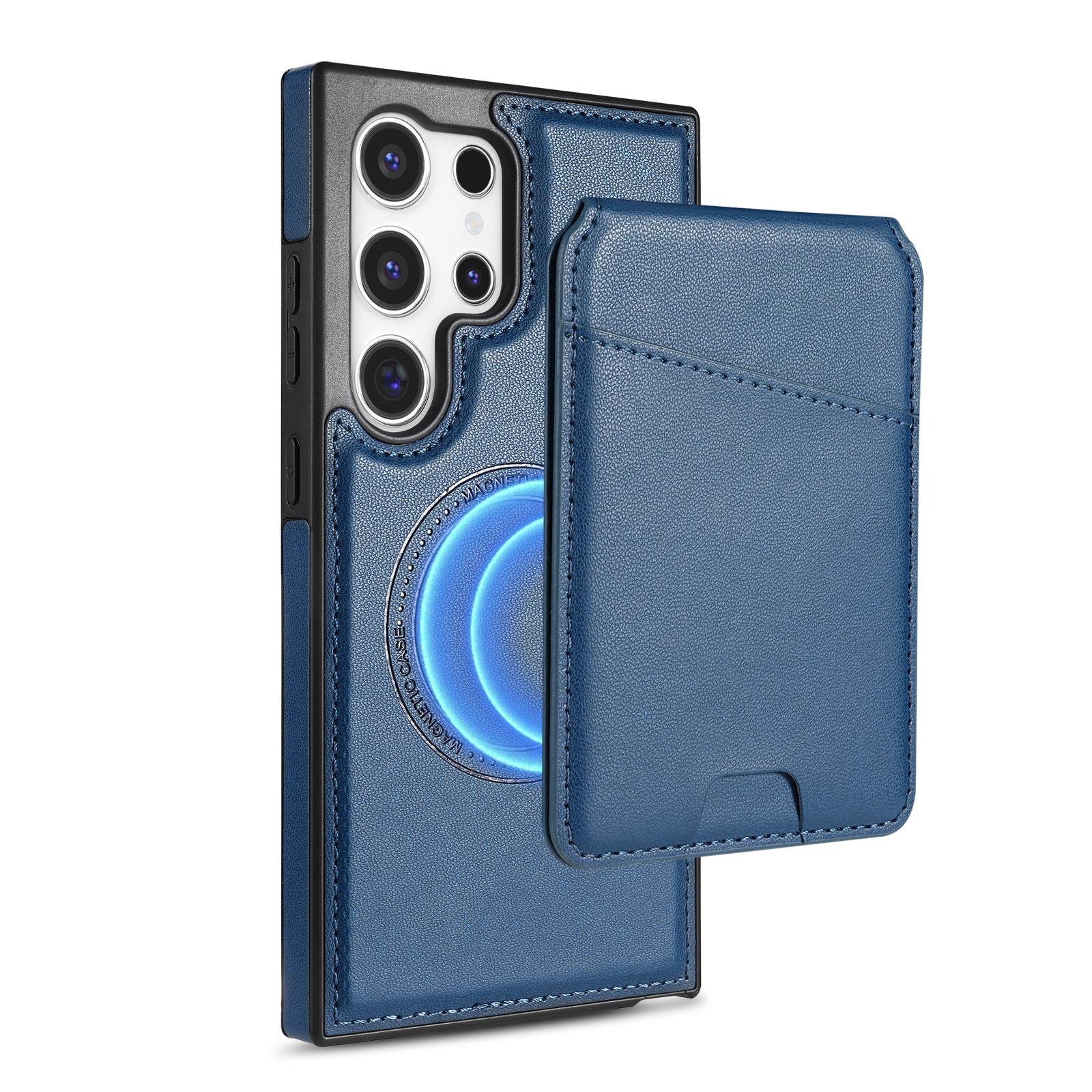 

For Samsung Galaxy S24 Ultra Case Compatible with MagSafe Detachable Card Holder Kickstand Leather Phone Back Cover Blue