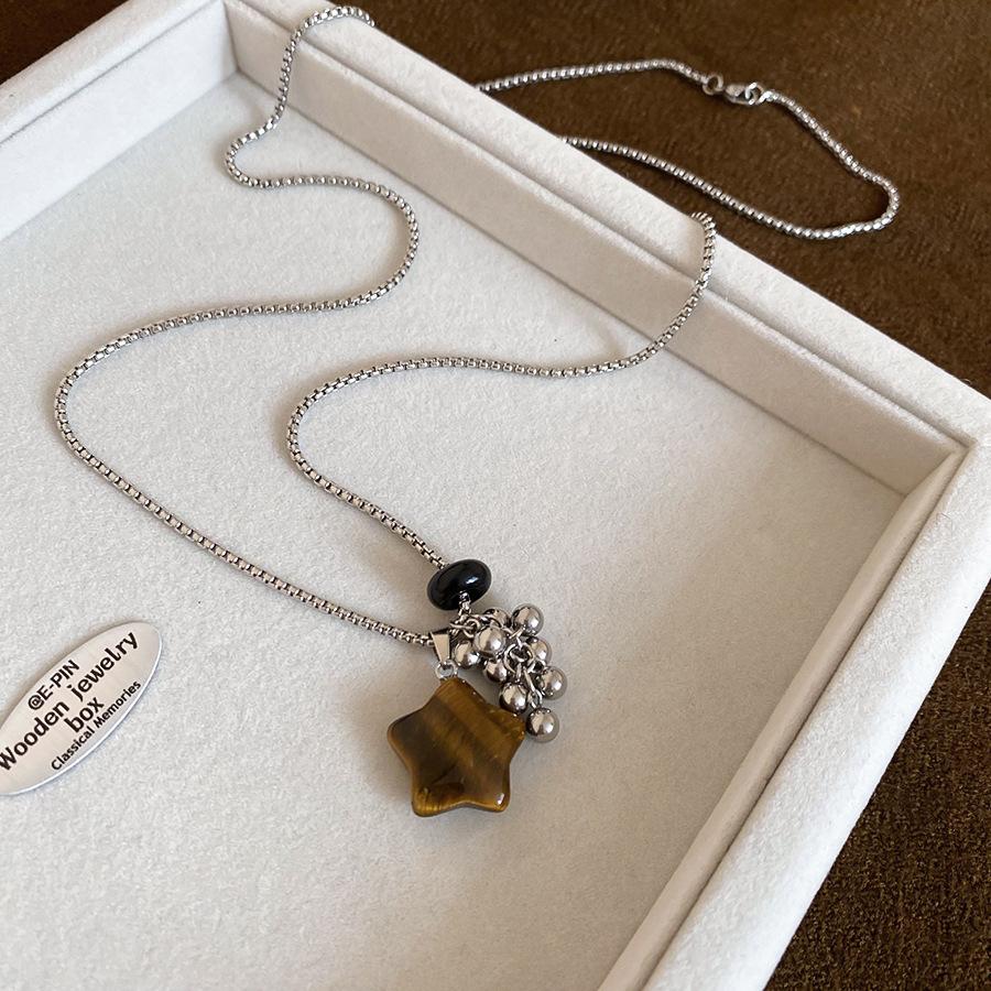 Stainless Steel Tiger's Eye Geometric Pendant Necklace Casual Commuter Versatile Sweater Chain Light Luxury Items