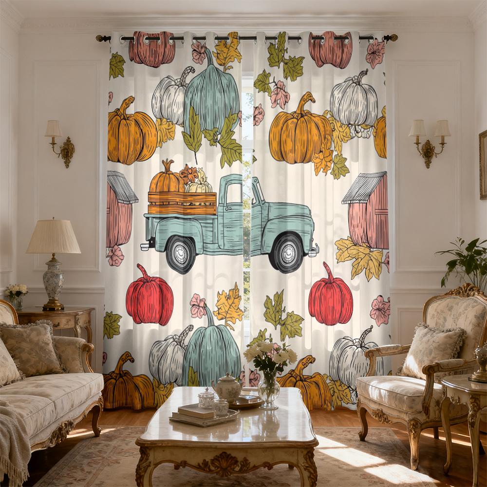 2pcs Vintage Truck Pumpkin Maple Leaf Print Double-sided Curtains for Living Room and Bedroom Light Blocking