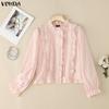 VONDA Women Casual Round Neck Ruffled Lace Hem Loose Long Sleeve Blouse