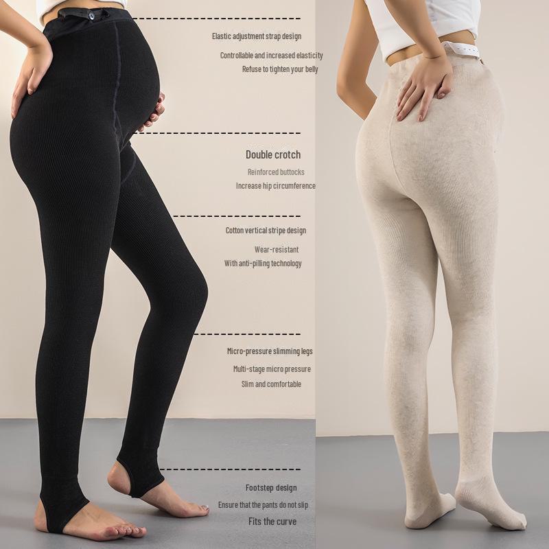 Maternity Leggings with Belly Support: Thin, Plus Velvet Pantyhose with Vertical Stripes for Spring/Autumn Outerwear.