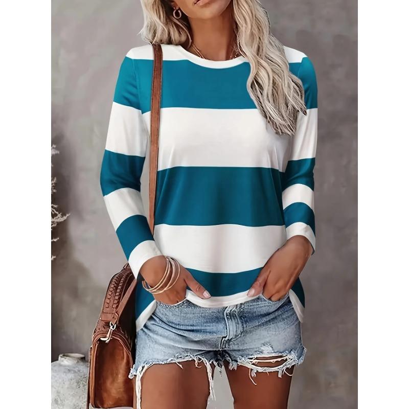 

Spring and Autumn Round Neck 3D Stripe Printed Top Fashionable Casual Long Sleeved Women s T-shirts 4XL