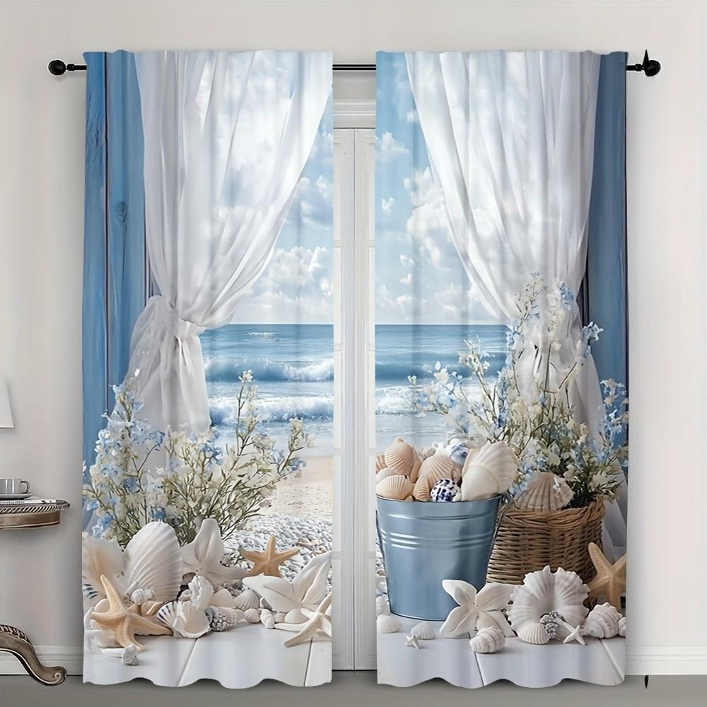 

2Pc Coastal Floral Sheer Curtains Polyester Rod Pocket Design for Living Room Bedroom Game Room All Season Beach Theme Decor 100*130 Rod Pocket 1pcs