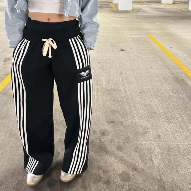 European and American Street Retro Casual Fashion Straight Tube Loose Striped Wide Leg Pants
