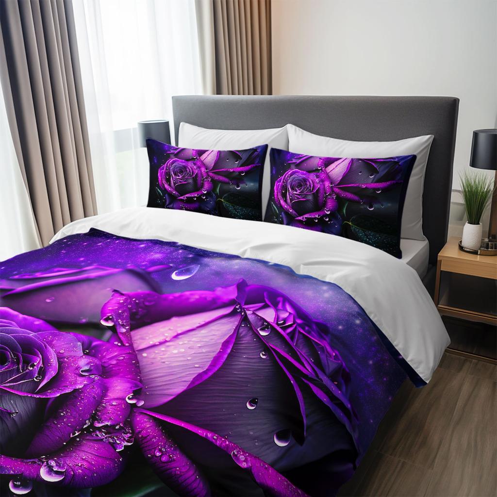 3pcs Luxury Purple Rose Bedding Duvet Cover Set Romantic Rose Bedding Quilt Set Floral Themed Bed Quilt Set Sparkling Dewdrop