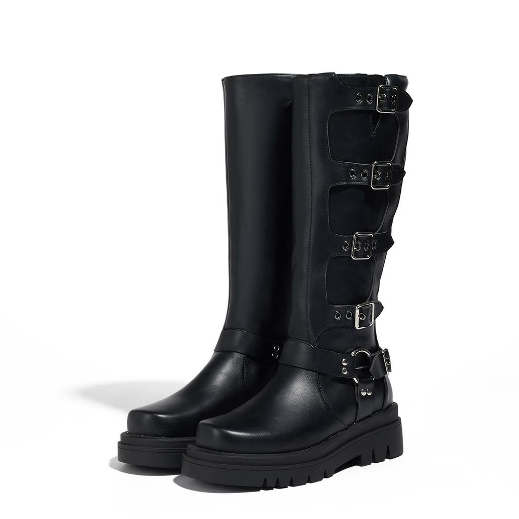 Autumn and Winter Outer Order Casual Low-heeled Knight Boots Large Size Belt Buckle High Knight Boots