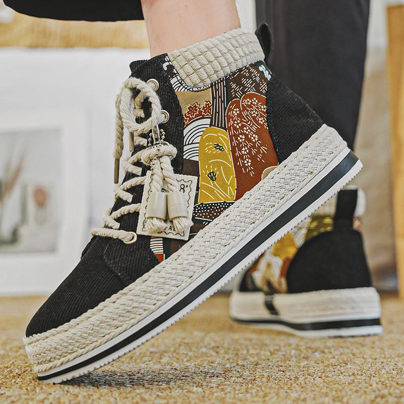 Chaussures de Skate Montantes d'Automne Tissu Côtelé Tendance Personnalisé Paille Semelle Épaisse Chaussures de Sport Décontractées d'Extérieur pour Homme