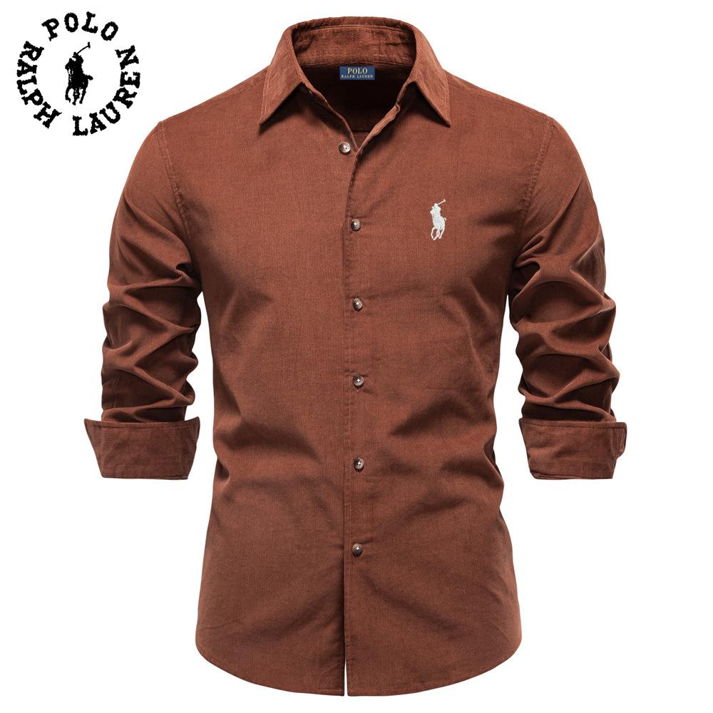 

Polo Ralph Lauren 2025 Осень и Зима Вышивка Новая Мужская Вельветовая Рубашка из Чистого Хлопка с Отложным Воротником, Повседневная Деловая Рубашка с Длинным Рукавом L