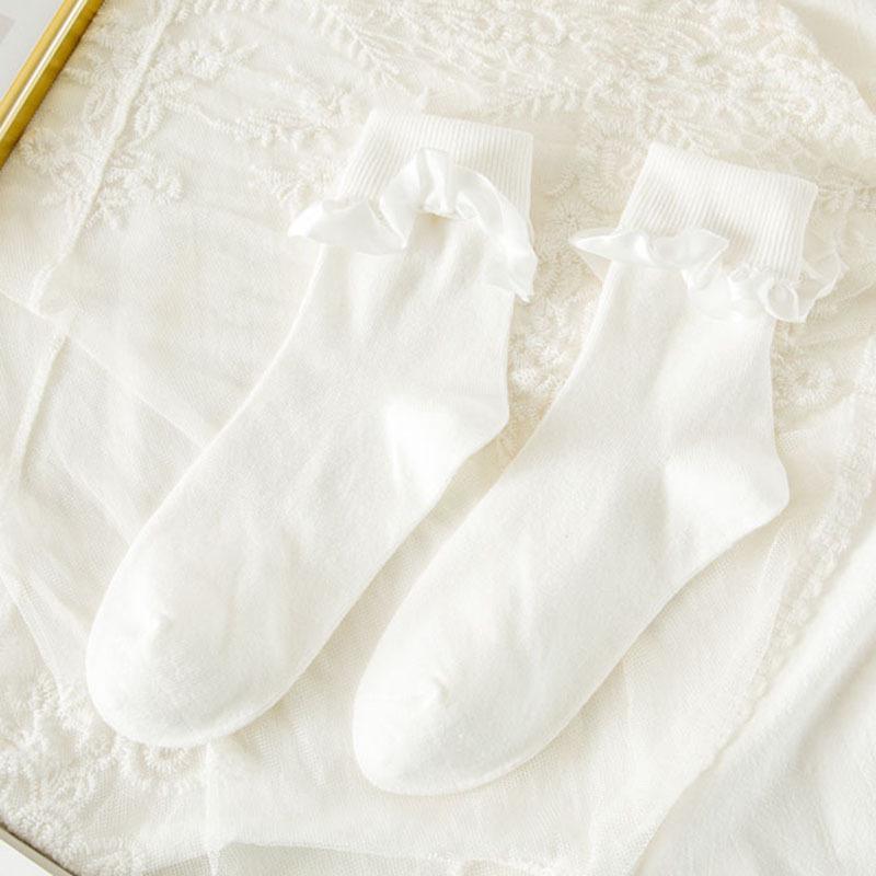 Sweet Japanese-Style White Lace Trim Mid-Calf Socks – Soft, Solid Summer Socks for Women