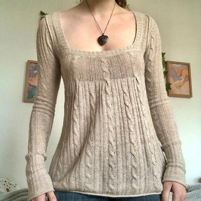 Frühlings Damen Vintage Tief ausgeschnittenes Quadratischer Ausschnitt Gedrehte Khaki Strickware