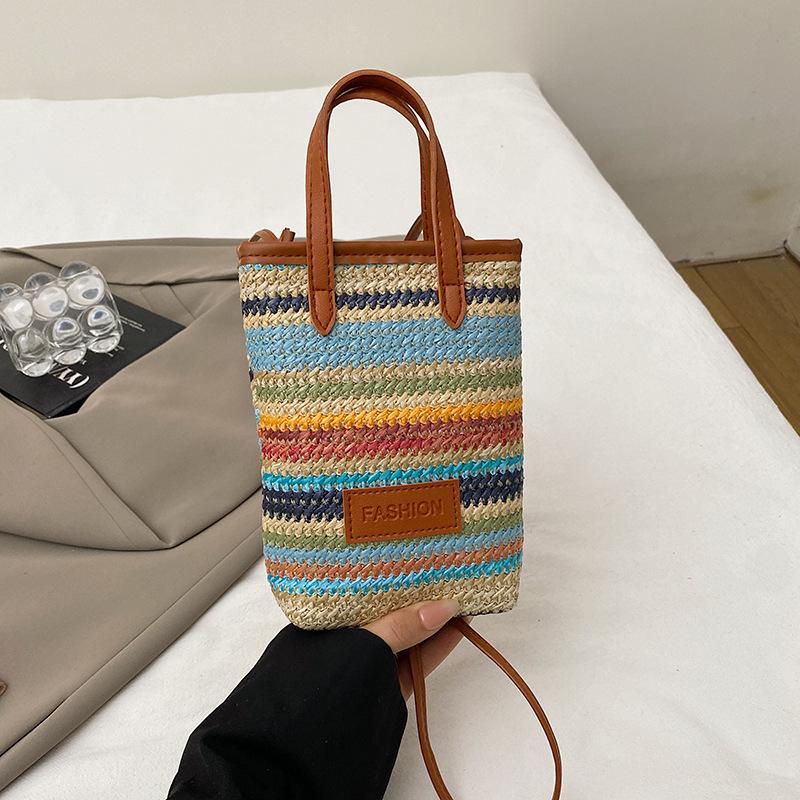 Korean version of the color striped new 2025 girls spring and summer trend fashion woven bag shoulder crossbody mobile phone bag