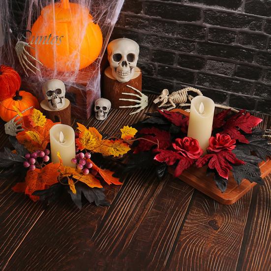 Home Party Supplies Halloween Floral Candle Ring, Artificial Maple Rose Wreath for Festive Atmosphere Decorations Holder, Spooky Table Centerpiece