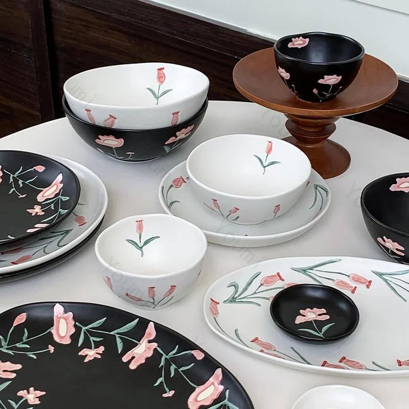 Retro Blumen Schwarz Weiß Keramik Teller High-End-Restaurant Köstliche Steak Platte Exquisite Home Reis Schalen Einzigartige Geschirr