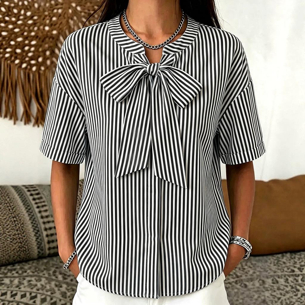 Women Loose Fit Striped Short Sleeve Blouse with Bow Tie Front Casual Relaxed Fit Top for Everyday Wear Office Work