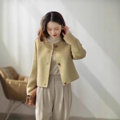 Kurzer doppelseitiger Kaschmirmantel im koreanischen Stil für Damen – Herbst/Winter, hochwertige Wolle, Rundhalsausschnitt, gerade Schulter.