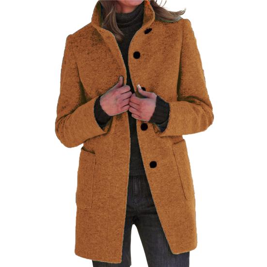 Women Fall Winter Coat Stand Collar Thick Warm Soft Mid Length Solid Color Pockets Single-breasted Lady Thick Overcoat
