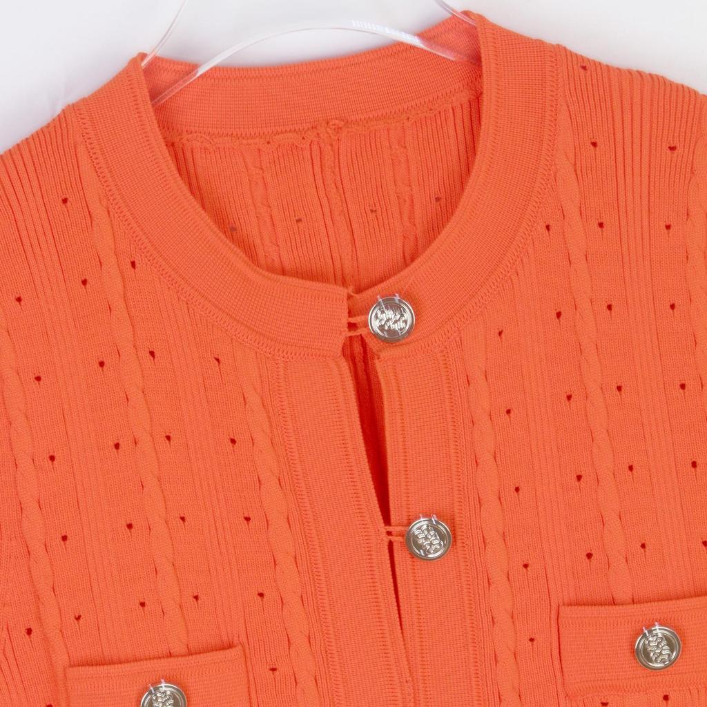 Elegant French Knit Short-Sleeve Hollow-Out Long Dress - Waist-Slimming and Single-Breasted Design