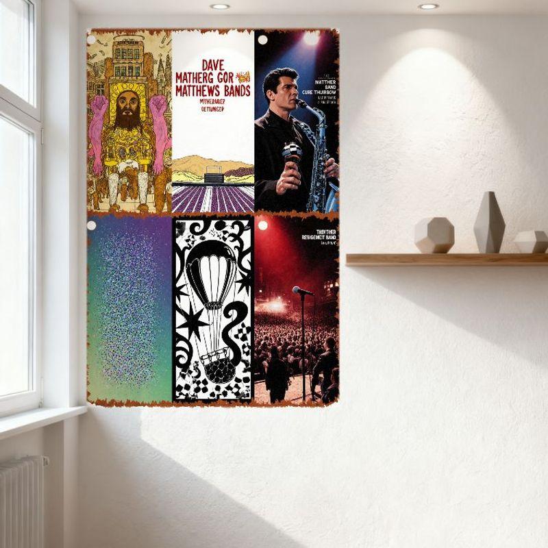 6 Panels Collage Metal Tin Signs Diverse Art Styles (Surreal, Music, Realistic, Psychedelic, Hot Air Balloon, Concert) for Home