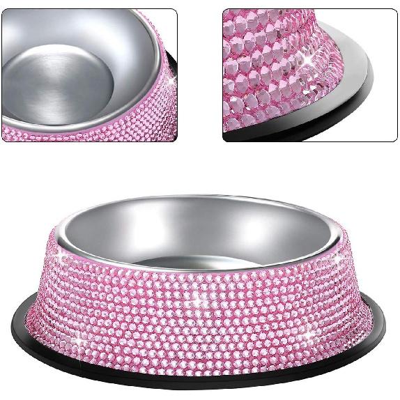 SAVORI Bling Dog Bowls Pink, 640ML Handmade Bling Rhinestones Stainless Steel Pet Bowls Double Food Water Feeder for Puppy Cats Dogs - Set of 2