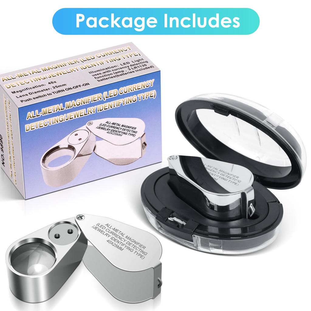 40X Jewelers Loupe Magnifier Metal Magnifying Glasses LED UV Illuminated Jewelry Loop Pocket Folding Magnifying Glass for Coins