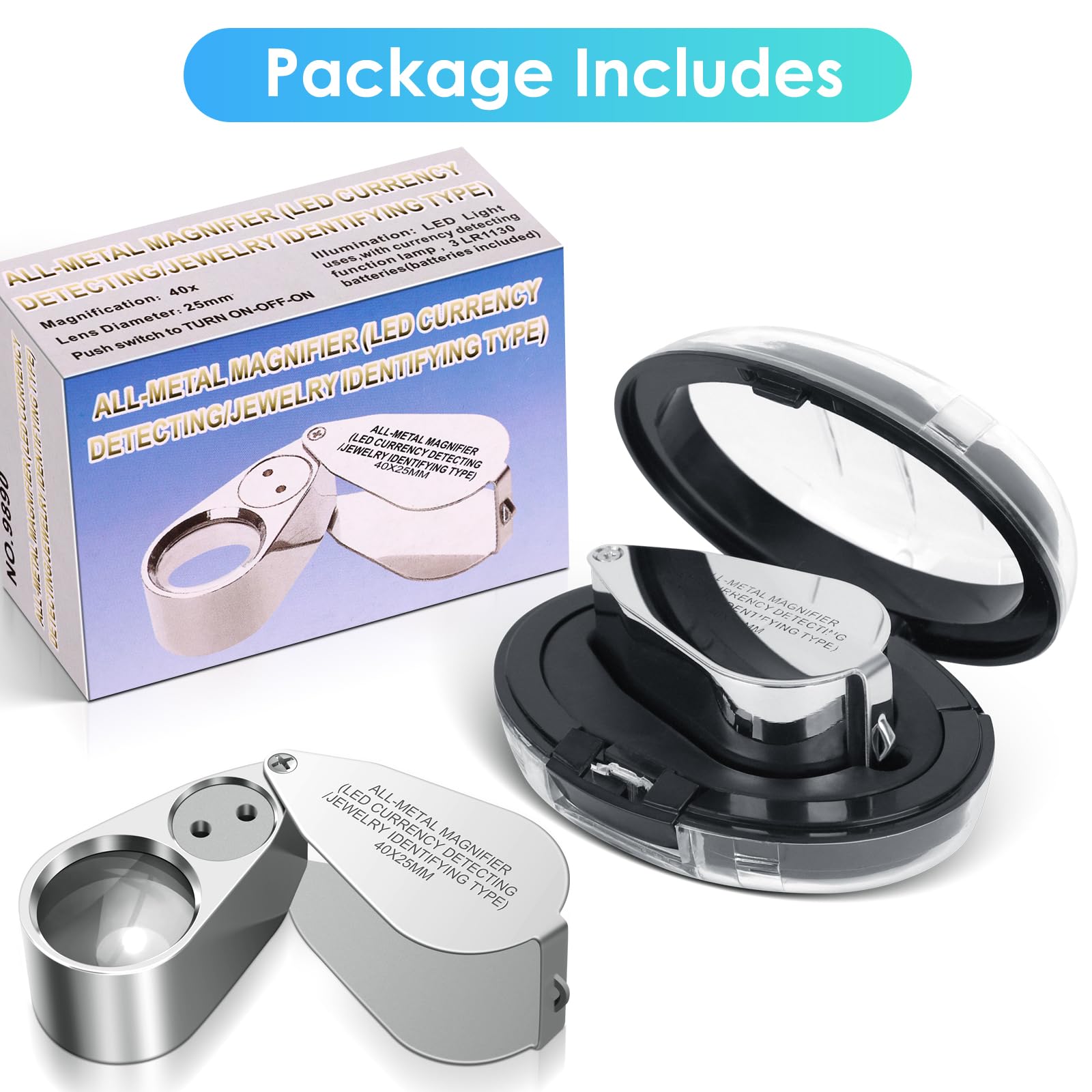 

40X Jewelers Loupe Magnifier Metal Magnifying Glasses LED UV Illuminated Jewelry Loop Pocket Folding Magnifying Glass for Coins