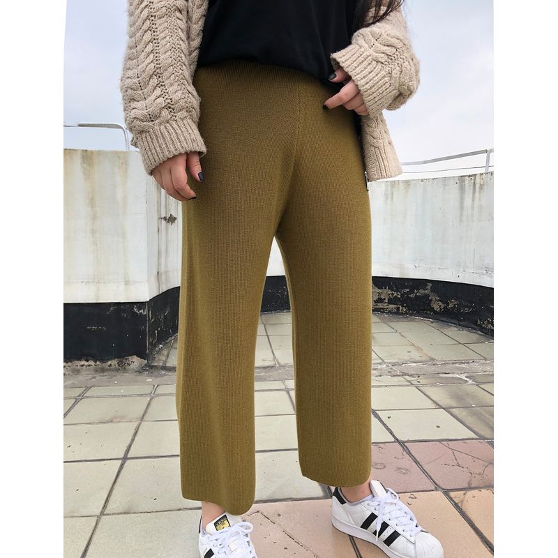 

Miss Biggie Fashion Plus Size Slim Looking All-Matching Comfortable Boutique Straight High Waist Knit Cropped Pants Mustard Green XL