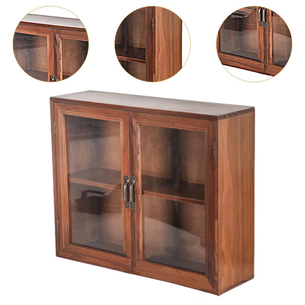 Multifunctional Wooden Desktop Cabinet 2 Tier Showcase Organizer Shelf with Clear Door for Cosmetics Jewelry Perfume