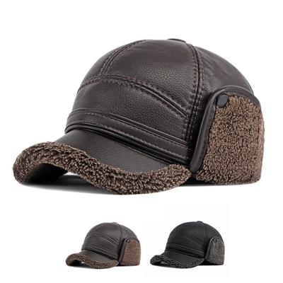 Hat Men's Winter Ear Protectors Neck Protectors Warm Middle-aged Elderly People's Cap Pu Leather Windproof Cold-proof Velvet Baseball Cap