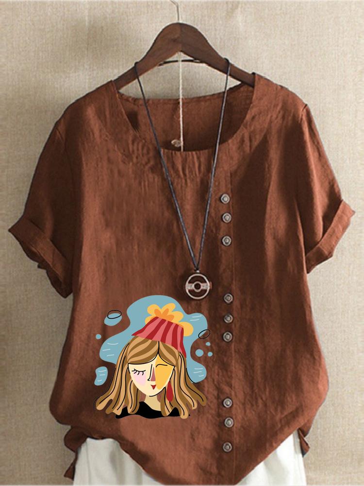 Women's Fashion Abstract Girl Print Round Neck Short Sleeve T-shirt Summer Casual Cotton Linen Graphic Shirt Leisure Loose Blouse Tops